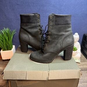 Timberland Women’s Leather Ankle Boots Heeled Lace-Up Black Size 10 EU 41.5